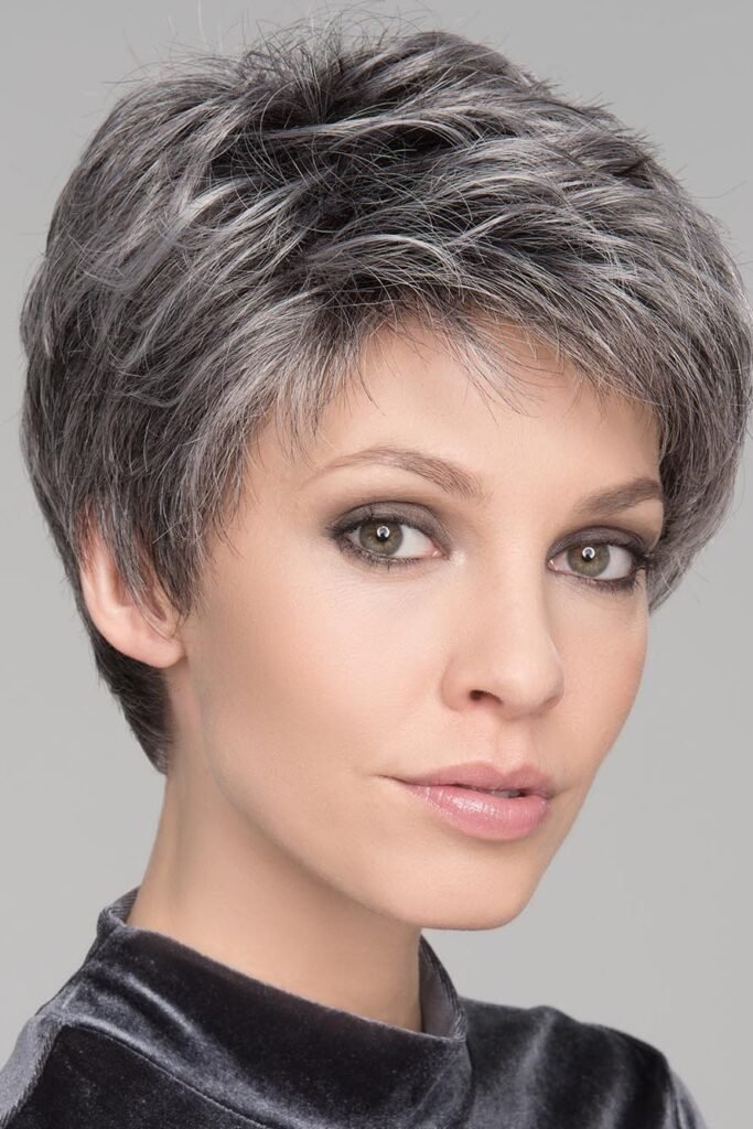 Textured Salt-and-Pepper Pixie with Micro Fringe