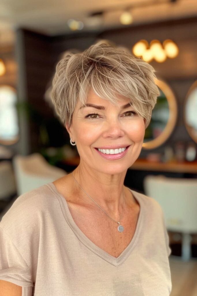 Textured Sandy Blonde Pixie with Wispy Side-Swept Bangs