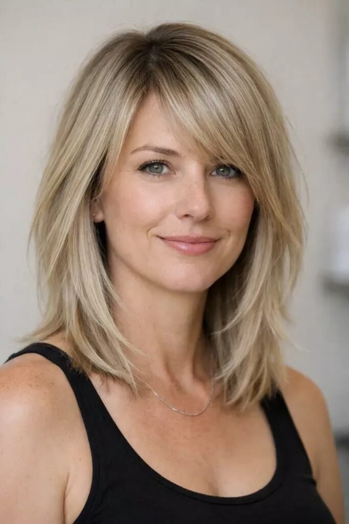 31. Textured Shoulder Length Hair with Curtain Bangs