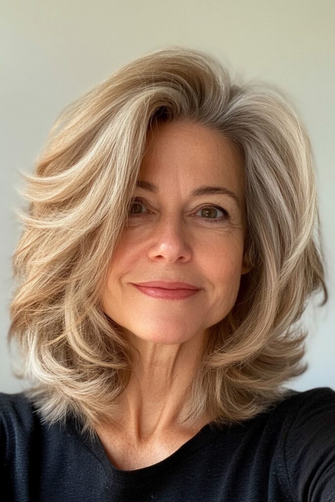 35. Textured Shoulder Length Hair with Voluminous Bangs