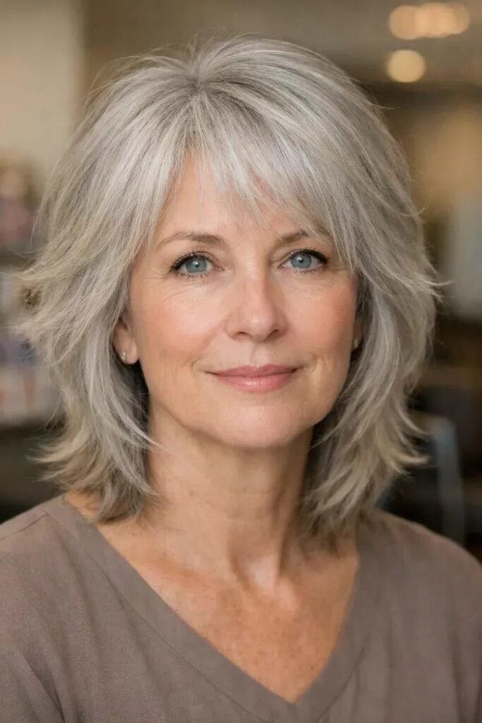 Textured Shoulder-Length Shag with Wispy Bangs