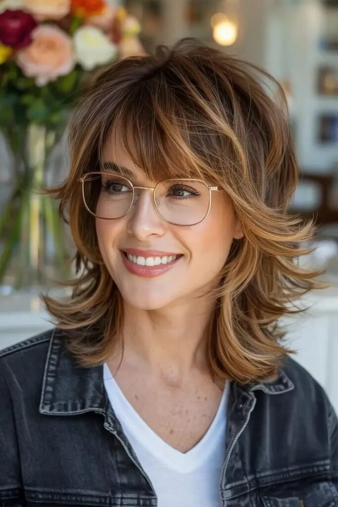 Textured Tawny Shag with Curtain Bangs and Glasses