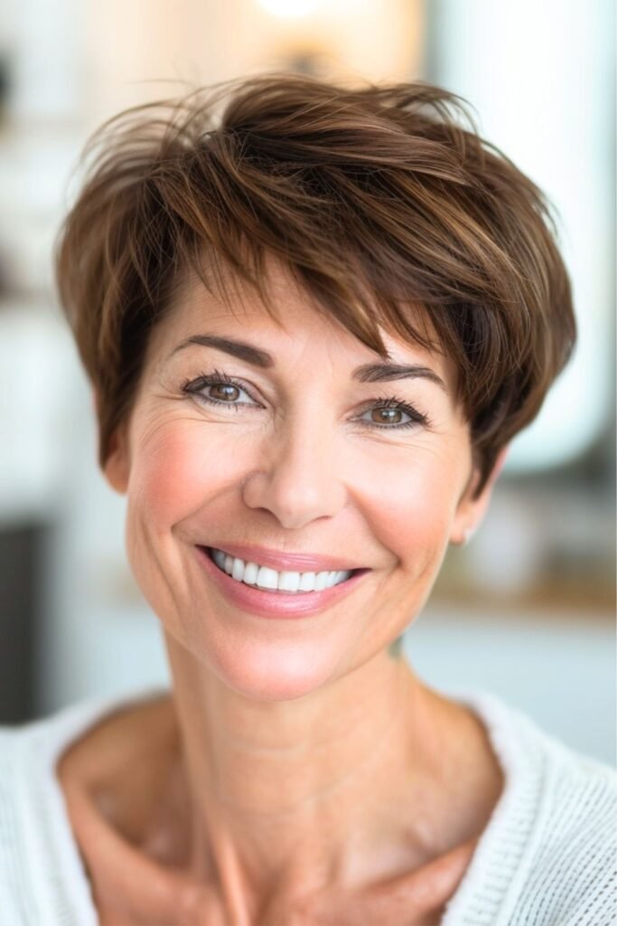 Textured Warm Brown Pixie with Wispy Layers