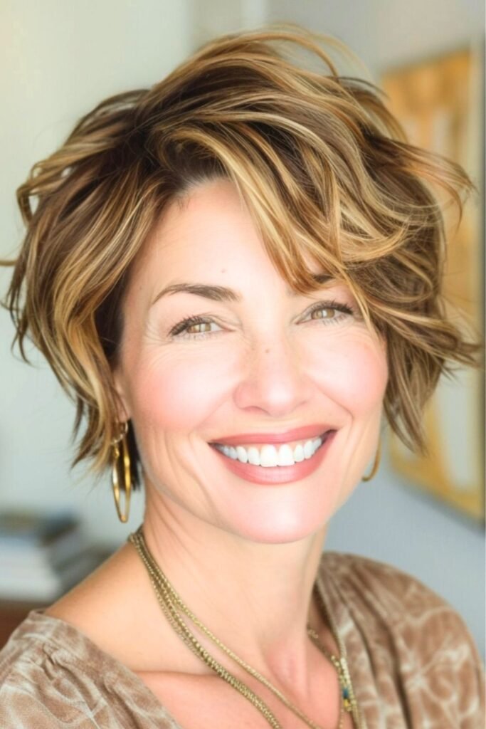 Textured Wavy Bob with Honey Highlights