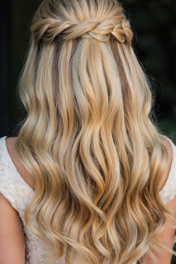 Thick Crown Braid Half-Up Style on Long Sun-Kissed Blonde Waves