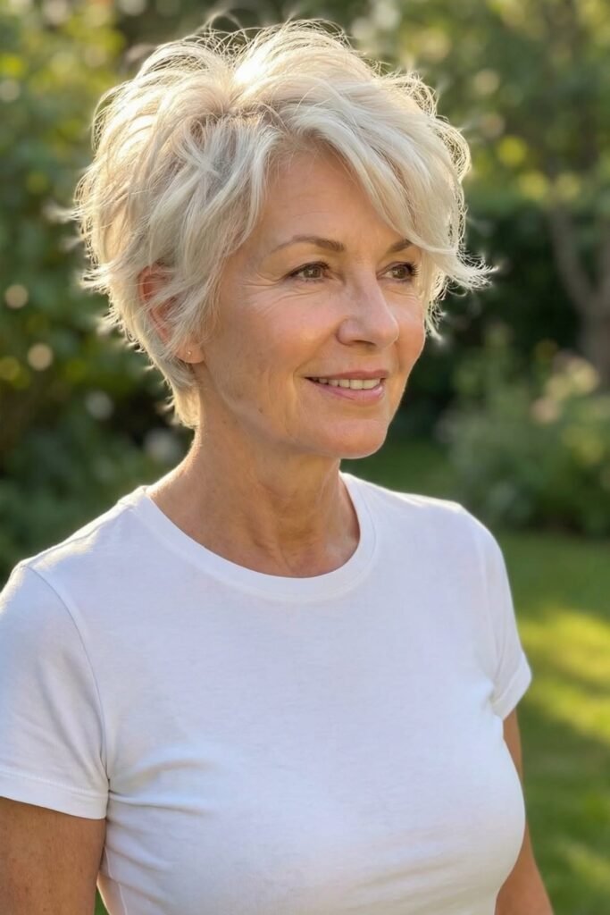 Tousled Ash Blonde Pixie with Face-Framing Layers