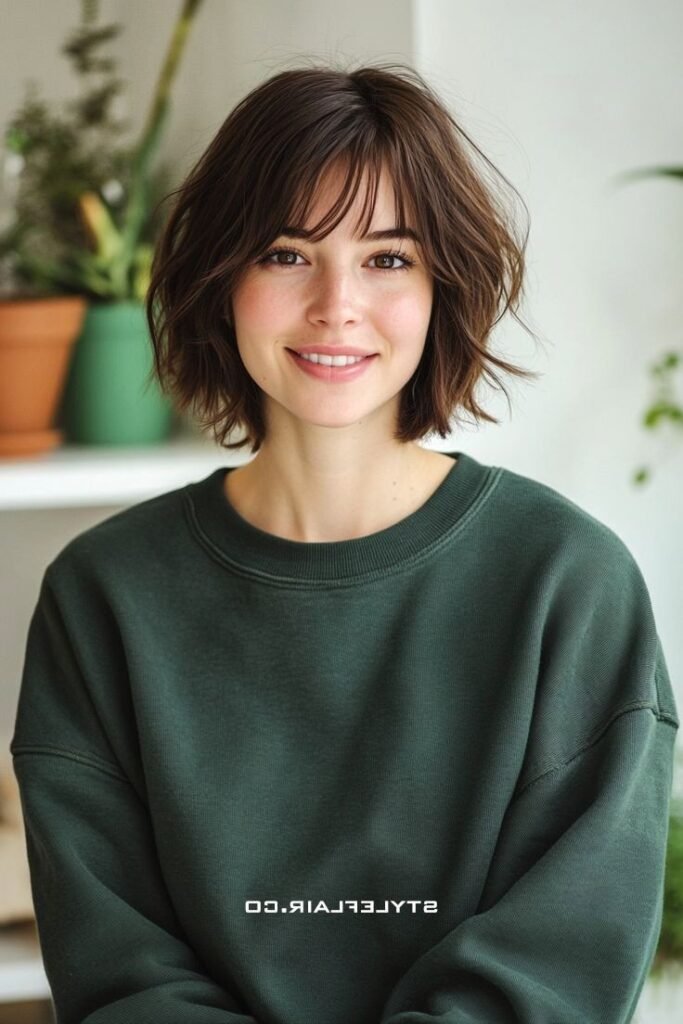 Tousled Brunette Bob with Light Airy Bangs