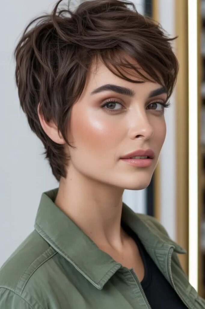 Tousled Brunette Pixie with Soft Side-Swept Layers