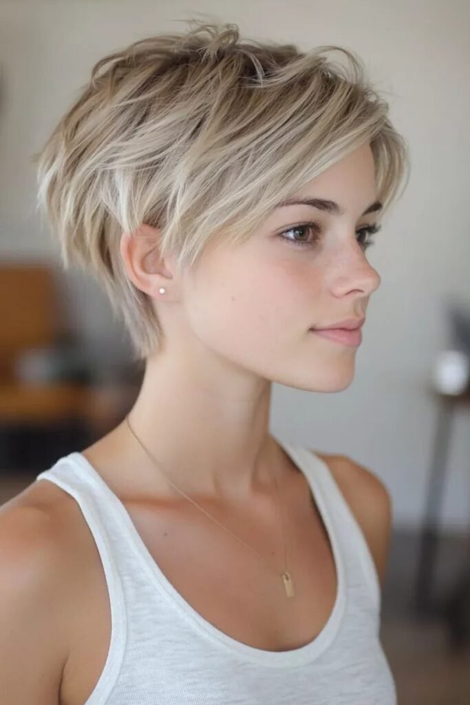 Tousled Champagne Blonde Pixie with Face-Framing Layers
