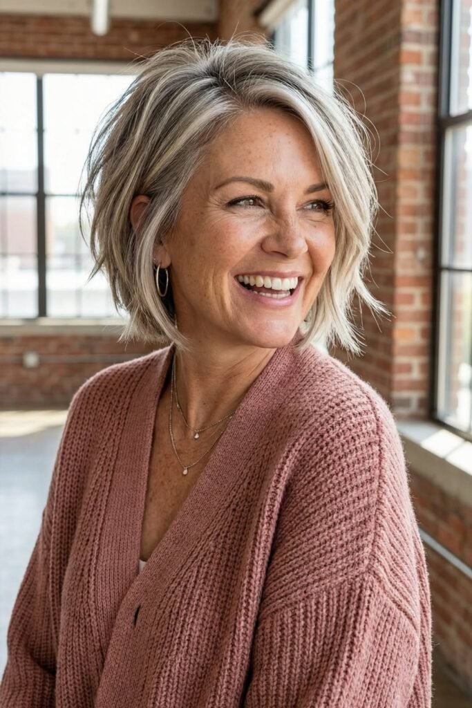 Tousled Chin-Length Bob with Silver Balayage