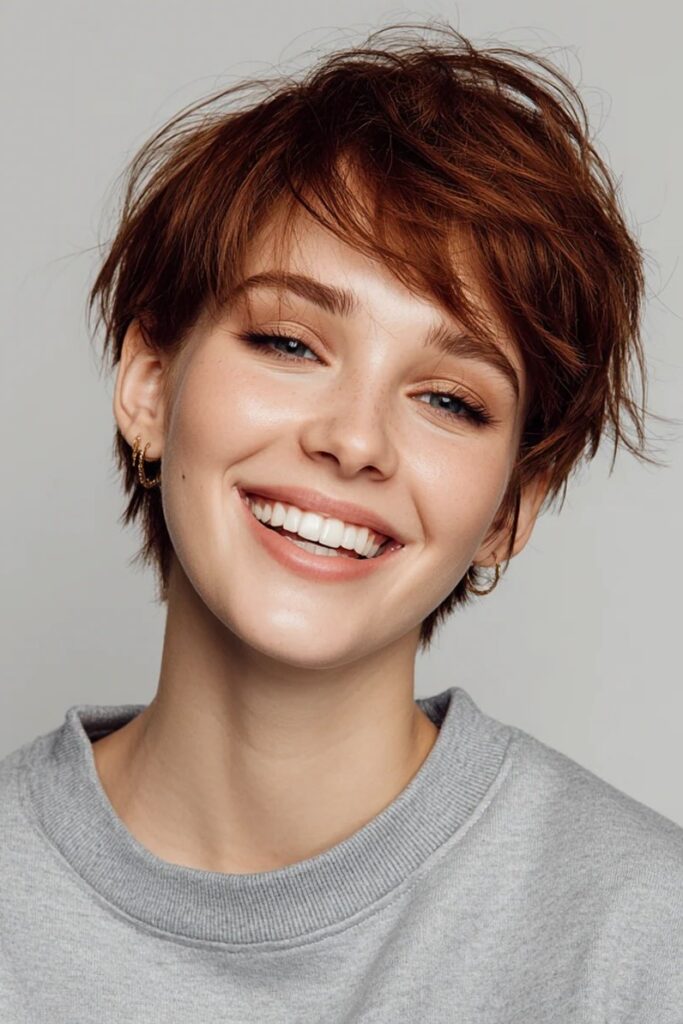 39. Tousled Copper Red Pixie Cut with Soft Bangs