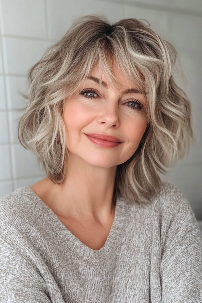 Tousled Curly Bob with Soft Curtain Bangs