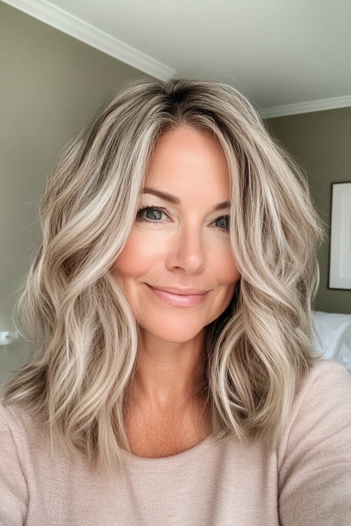 Tousled Medium-Length Waves with Bright Platinum Highlights