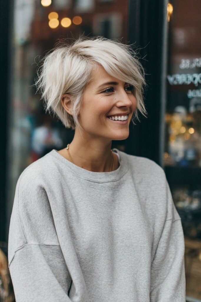 Tousled Platinum Blonde Bob with Wispy Side-Swept Bangs
