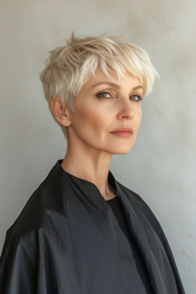 32. Tousled Platinum Blonde Crop with Soft Fringe