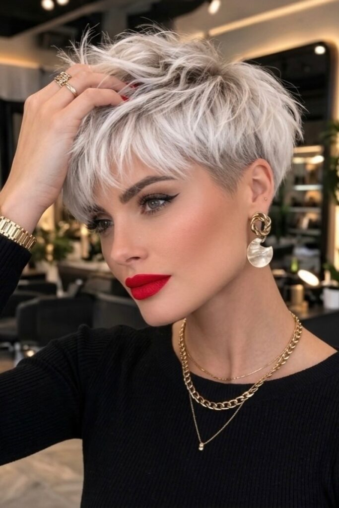 48. Tousled Platinum Blonde Pixie with Side-Swept Bangs