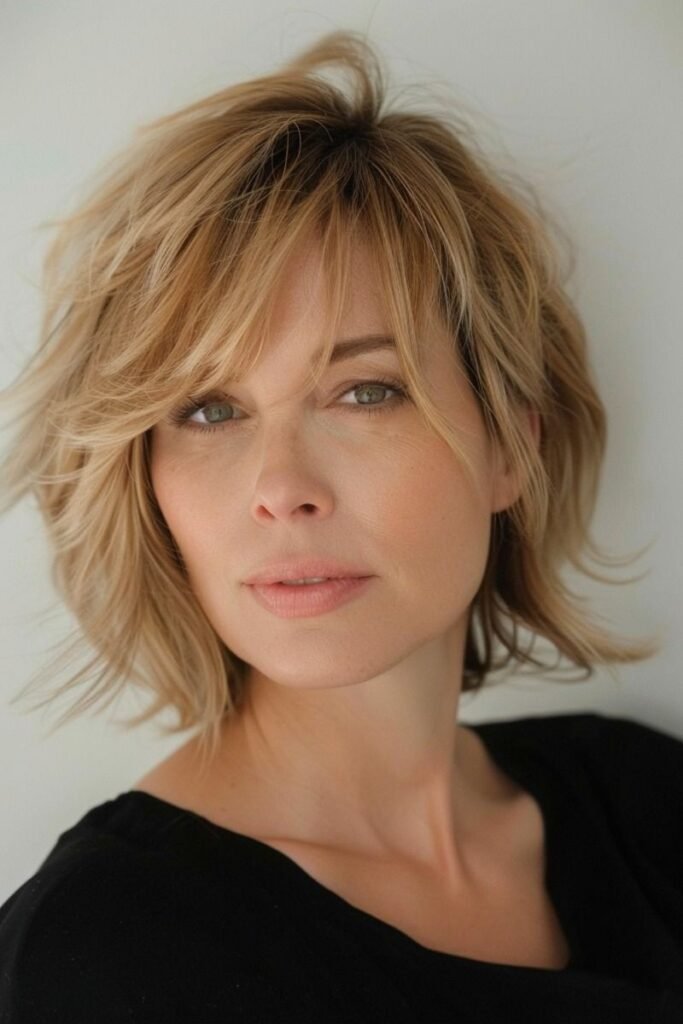 Tousled Shaggy Bob with Side-Swept Bangs