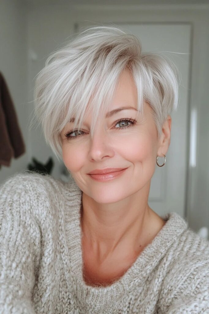 42. Tousled Silver Crop with Side-Swept Fringe