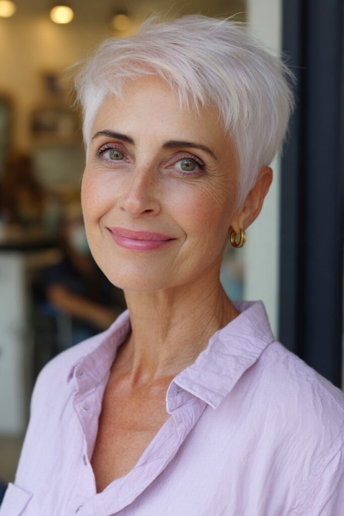 53. Tousled Silver-White Pixie with Forward Movement