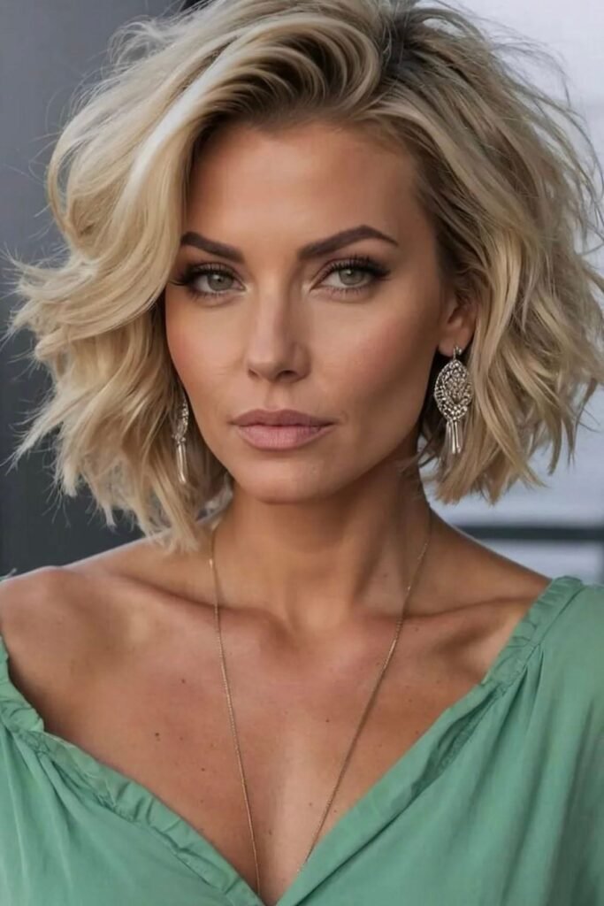 Tousled Voluminous Blonde Bob with Deep Side Part