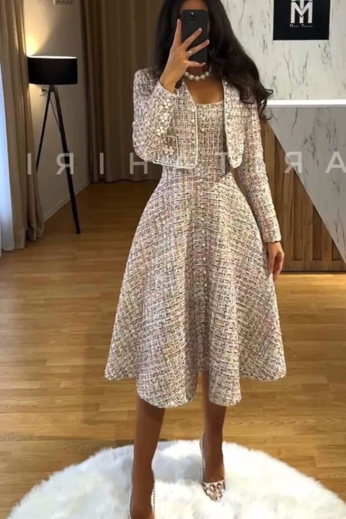 Tweed Blazer + Matching Tweed Midi Dress + Embellished Pumps