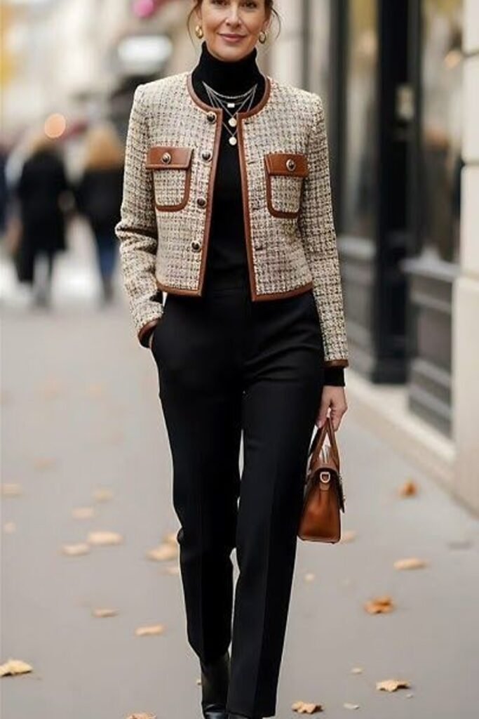 Tweed Cropped Jacket with Leather Trim + Black Turtleneck + Black Trousers + Tan Leather Handbag
