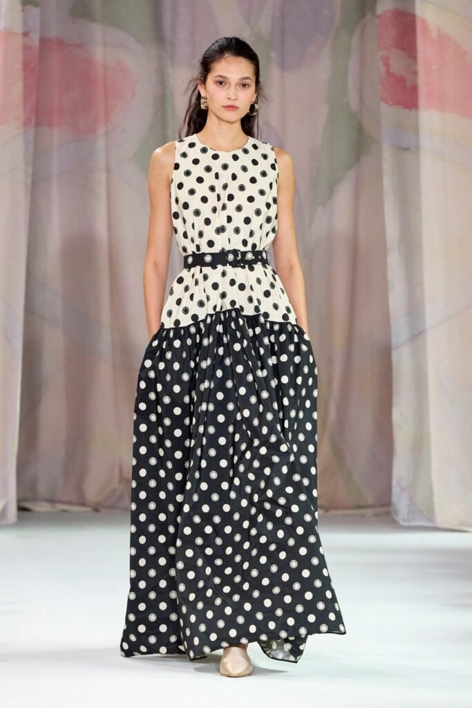 Two Tone Polka Dot Belted Gown + Gold Pointed Toe Flats