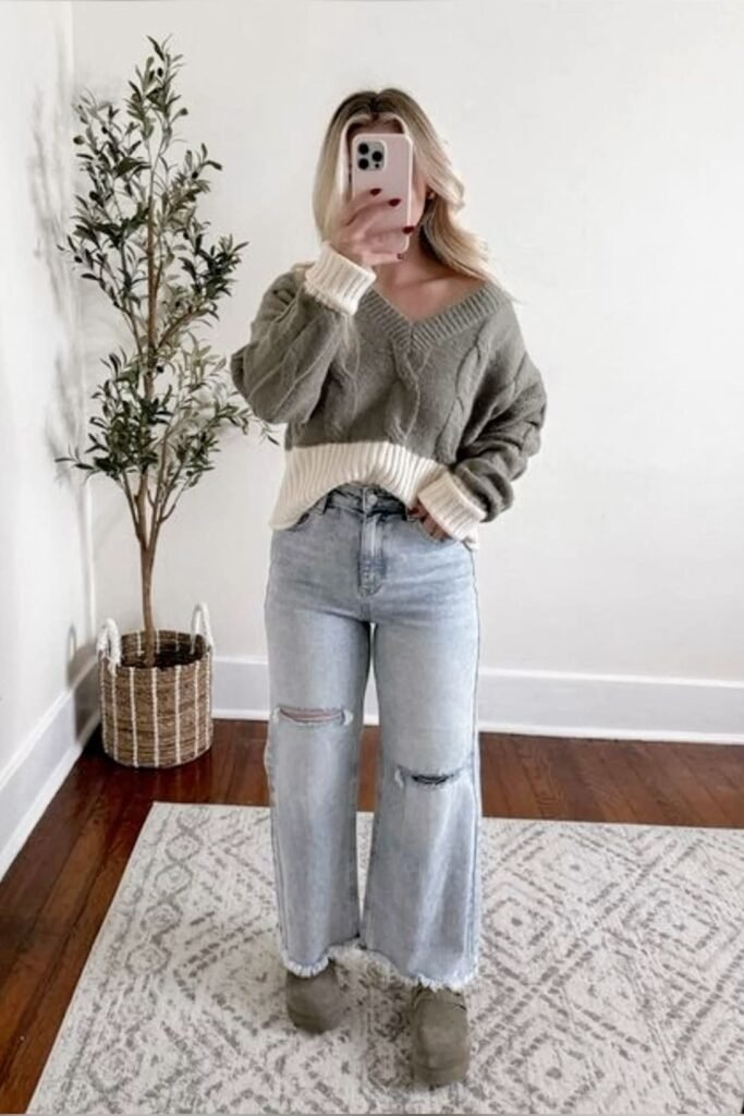 Two Tone Sweater + Distressed Wide Leg Jeans + Slip on Shoes