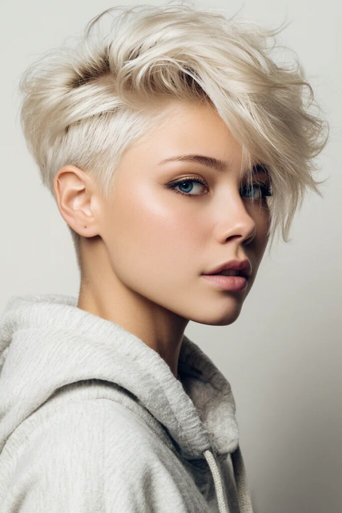 35. Undercut Platinum Blonde Pixie with Voluminous Sweep