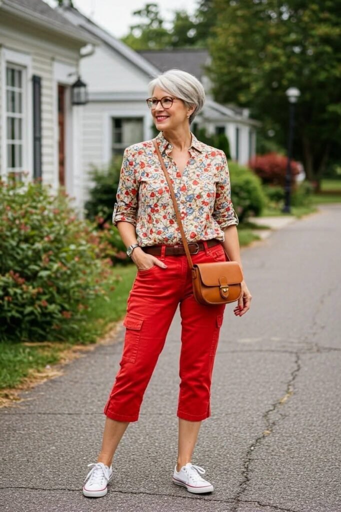 Vibrant Floral Long Sleeve Button Up + Bright Red Cargo Capri Pants + White Classic Canvas Sneakers
