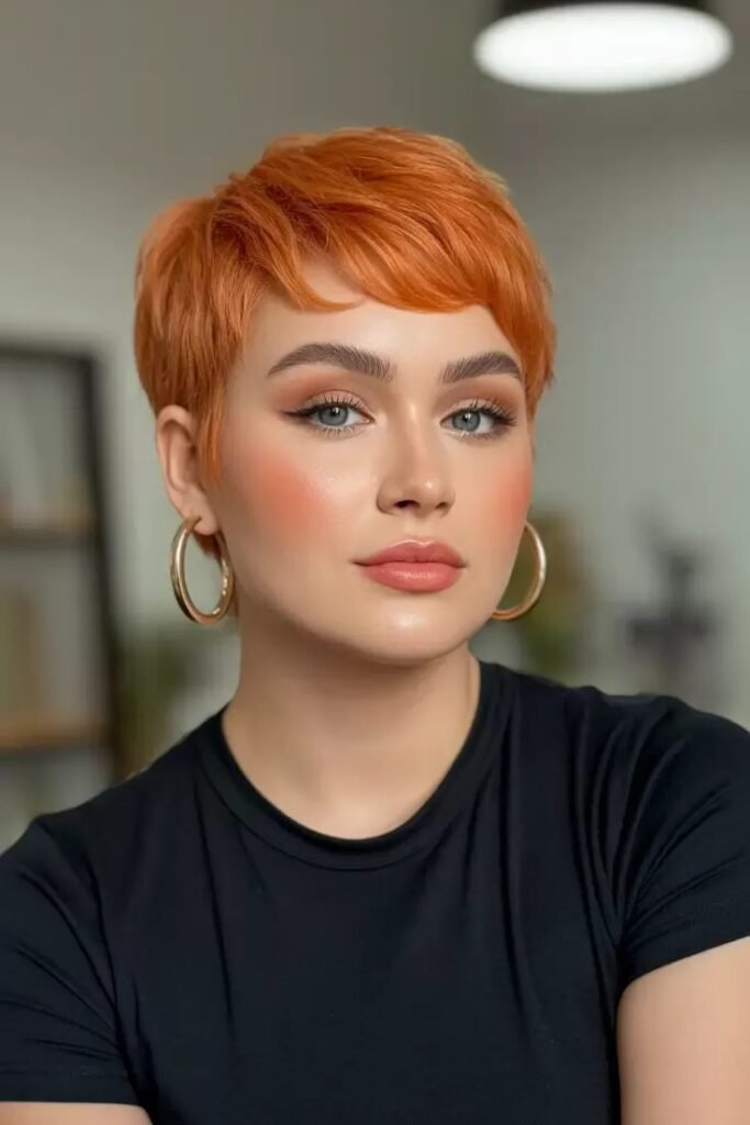 Vibrant Orange Pixie Cut with Soft Bangs