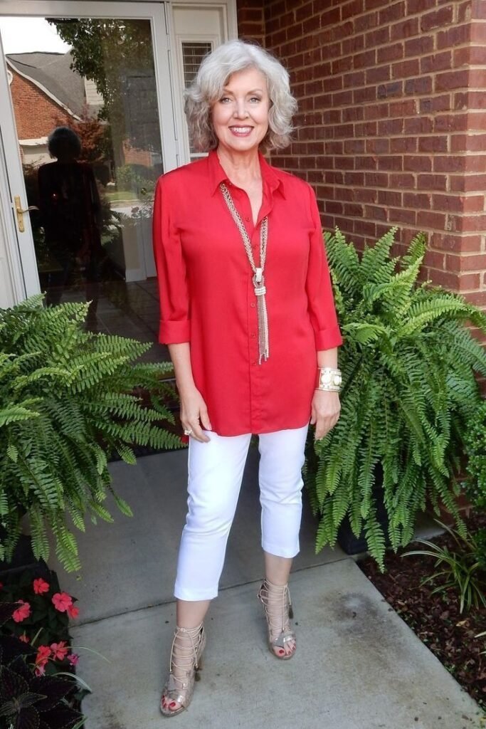 Vibrant Red Button-Down + White Cropped Skinny Pants + Nude Strappy Heeled Sandals