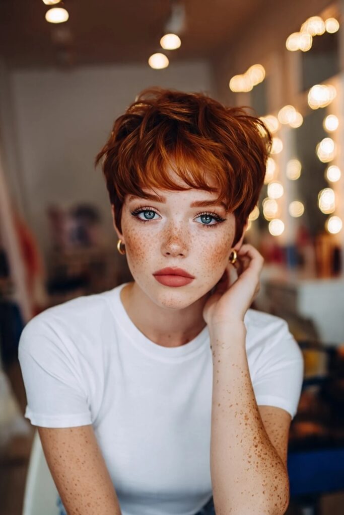 38. Vibrant Red Curly Pixie with Soft Bangs