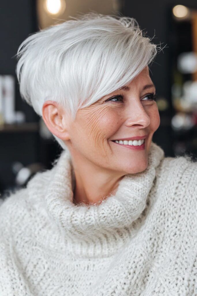 33. Vibrant Silver Pixie Cut with Side-Swept Bangs