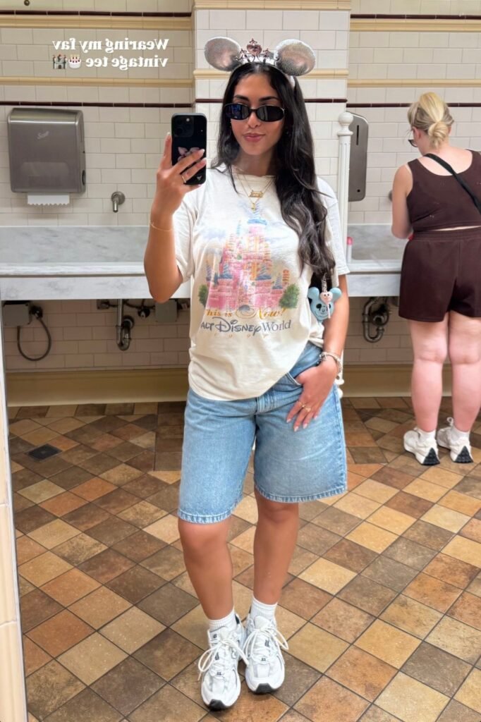 Vintage Graphic Tee + Blue Denim Long Shorts + White Chunky Sneakers
