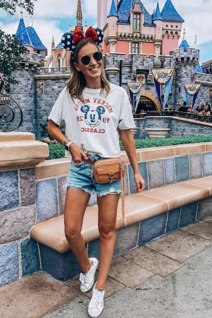 Vintage Mickey Mouse Graphic T Shirt + Distressed Denim Shorts + White Low Top Sneakers