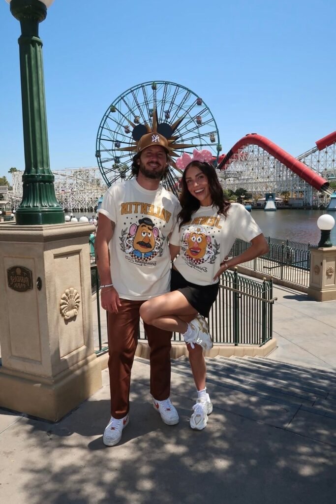 Vintage Mr. & Mrs. Potato Head T Shirts + Brown Trousers / Black Mini Skirt + White Chunky Sneakers