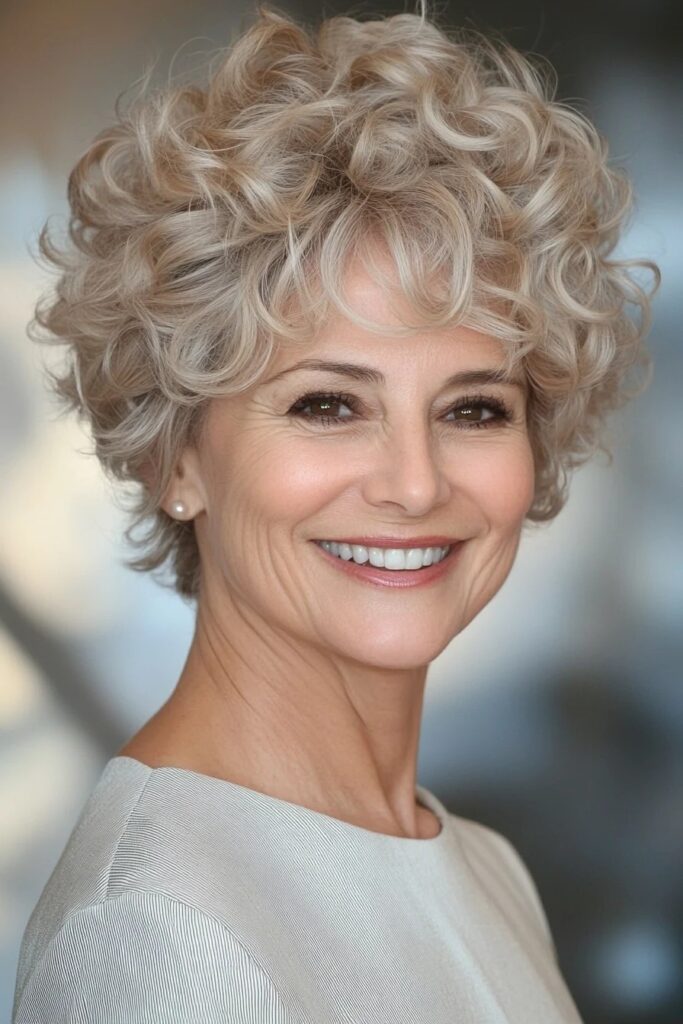 34. Voluminous Blonde Curly Crop with Soft Waves