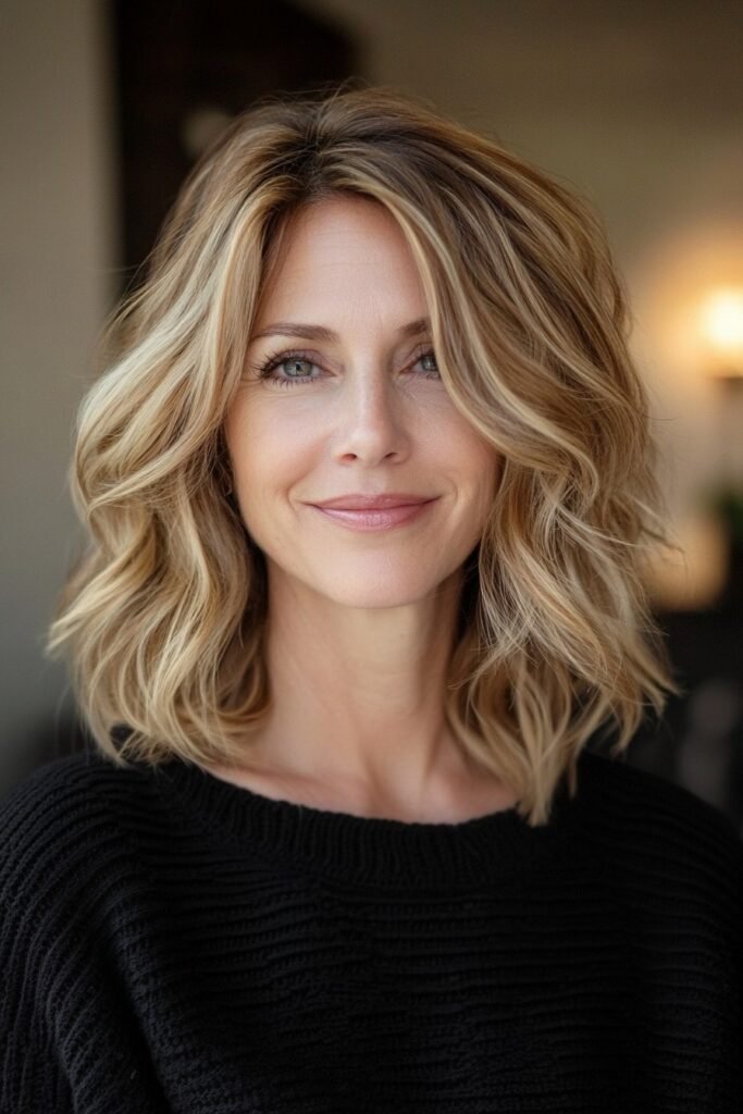 Voluminous Blonde Layers with Warm Highlights and Side Part