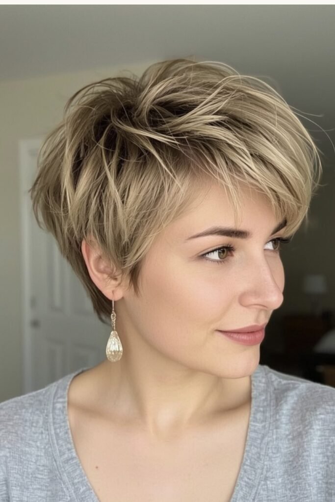 Voluminous Blonde Pixie with Textured Crown and Side Bangs