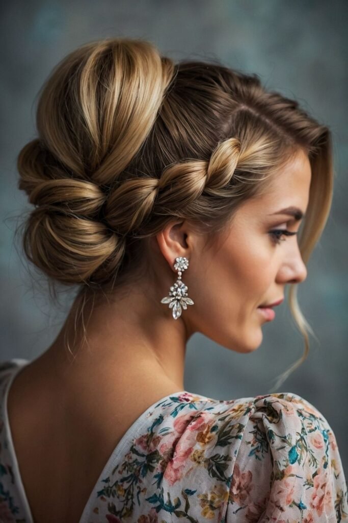 Voluminous Braided Updo with Side-Swept French Braid and Drop Earrings