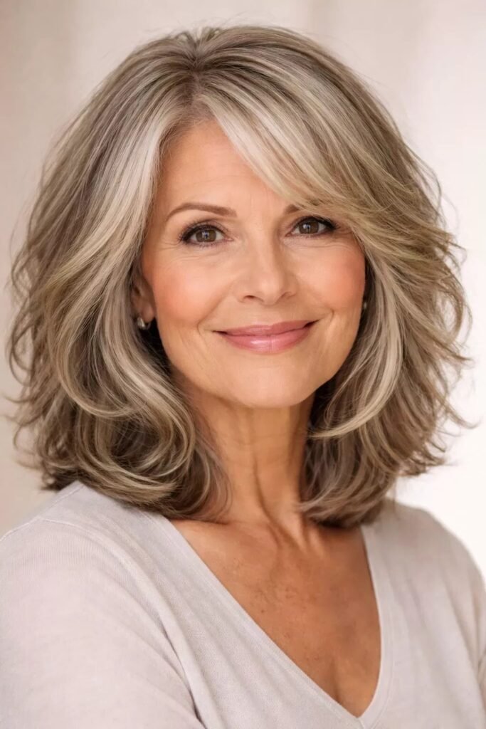 Voluminous Layered Lob with Dramatic Side-Swept Bangs