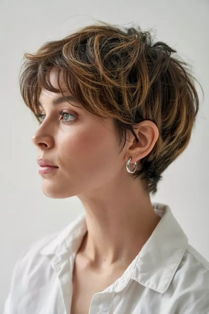 Voluminous Layered Pixie with Warm Brown Highlights