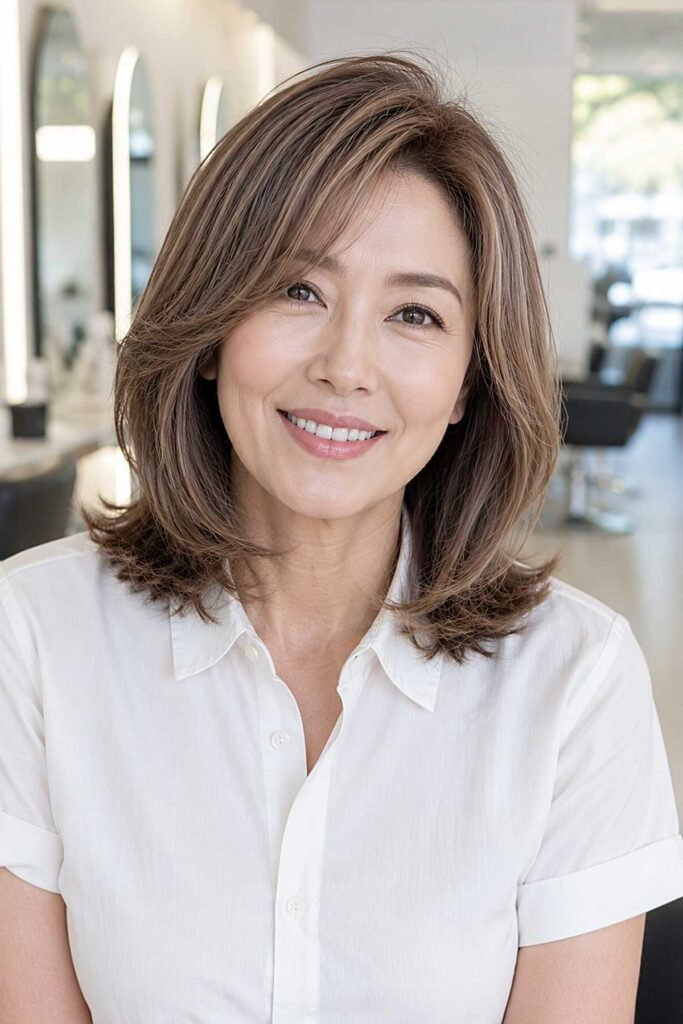 43. Voluminous Layered Shoulder Length Hair with Wispy Bangs