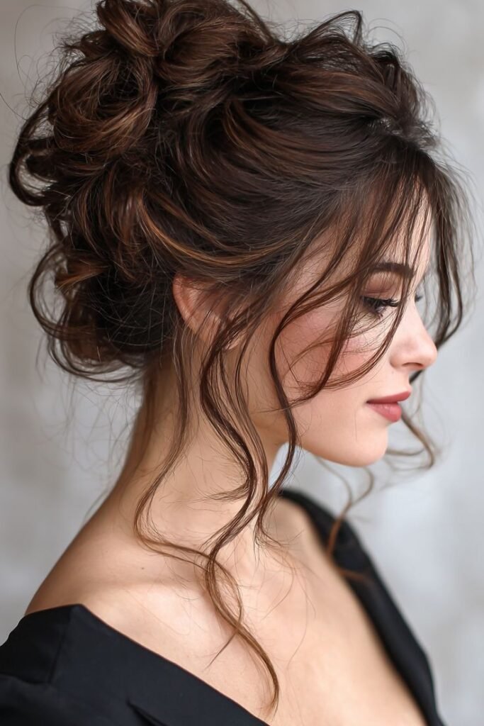 Voluminous Messy Updo with Curly Face-Framing Strands