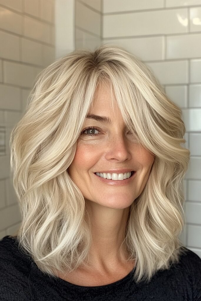 Voluminous Platinum Blonde Lob with Deep Side Part