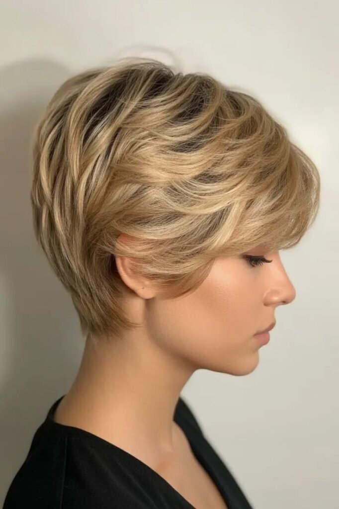 Voluminous Sandy Blonde Layered Pixie Cut