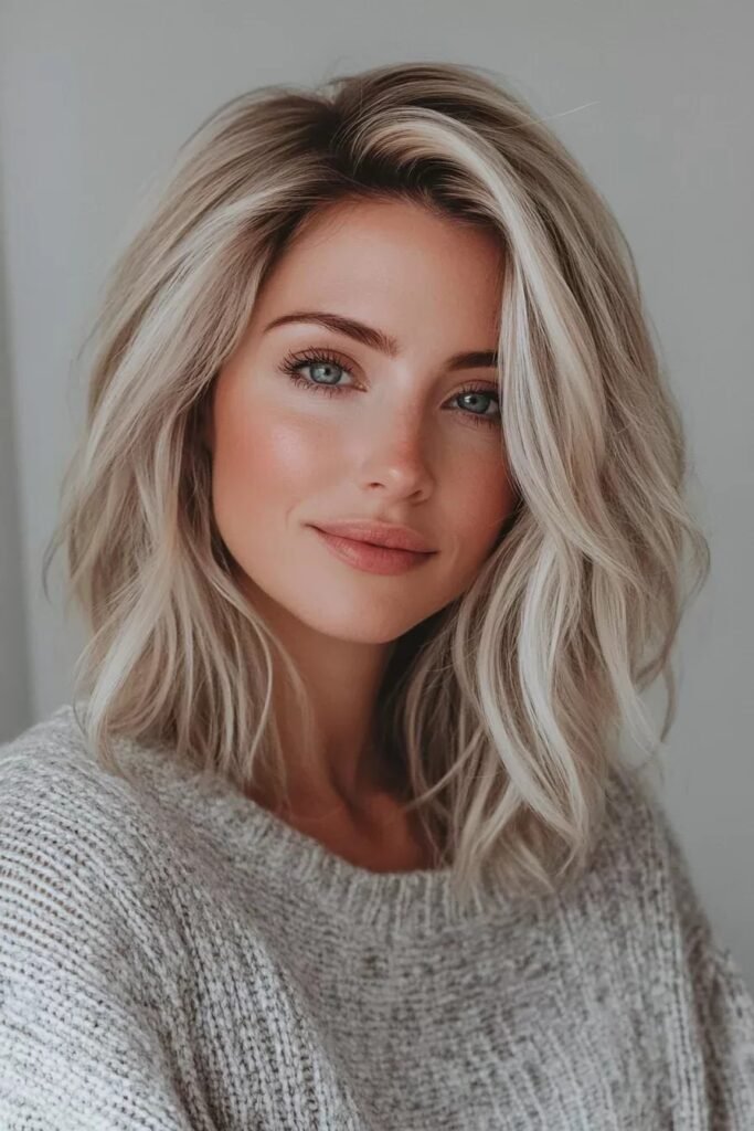 Voluminous Shoulder-Length Layers with Bright Blonde Highlights