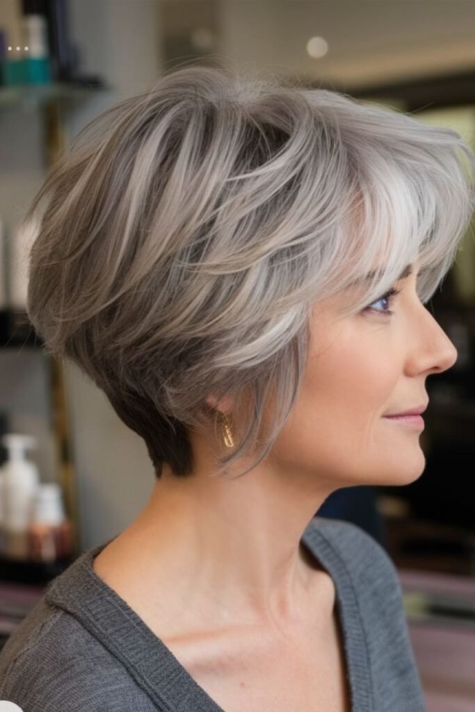 Voluminous Silver Layered Bob with Soft Side Bangs