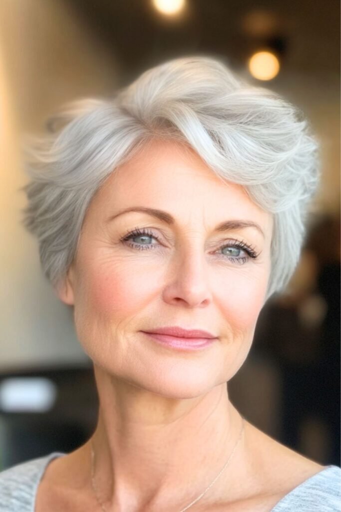 Voluminous Silver Pixie with Sweeping Curls